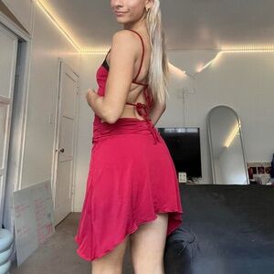 tiger mist wine red black lace cinched waist open tie back mini dress